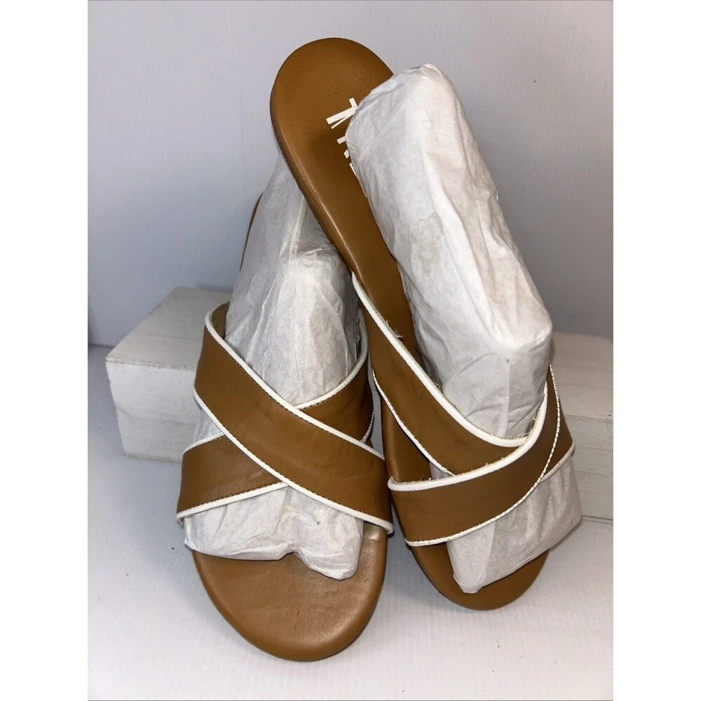 Women's Tkees Sloan Criss Cross Cognac Brown Leather slip on slide sandal sz 10
